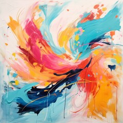Painting featuring a colorful bird on a white background, showcasing vibrant and expressive colors in a visually striking composition.