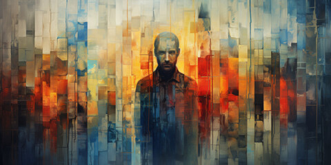 Painting of a man with a beard, portraying an abstract painting of a man on fire, resembling disco elysium artwork and creating a dynamic and fiery composition.