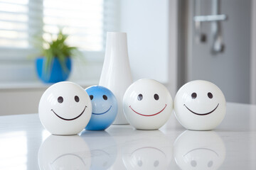 Three white and blue vases with smiley faces on them, featuring smiling faces and a smiling expression, creating a lighthearted and cheerful composition.