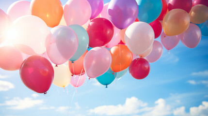 Bunch of balloons floating in the air, creating a festive and celebratory composition with vibrant and colorful party balloons. - obrazy, fototapety, plakaty