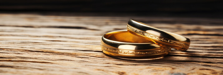 Two gold wedding rings are placed on a wooden table, symbolizing love and commitment. This asset is perfect for wedding invitations, anniversary cards, and romantic design Golden wedding rings on wood