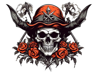 illustration of skull with a rose and horns 