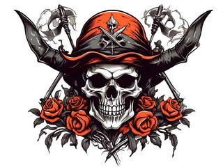 Fototapeta premium illustration of skull with a rose and horns 