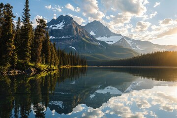 Majestic mountain range with a reflective lake at sunrise.