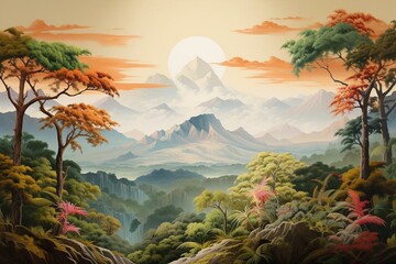 An artwork depicting a scenic landscape with mountains and trees. Generative AI