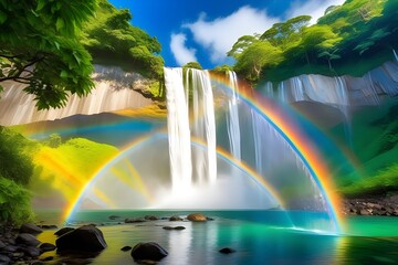 a-crystal-clear-waterfall-framed-by-lush-greenery-with-a-vivid-rainbow-arching-gracefully-over-the-stream,rainbow-over-the-waterfall