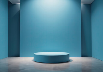 Suitable for product display and business concept. Geometric podium platform, contemporary composition on pastel blue background. cosmetic product on podium, minimal idea.