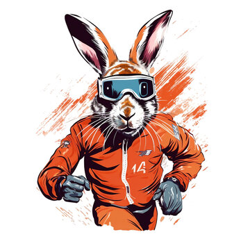 Hare athlete style image, bright saturated image, clipart on white background