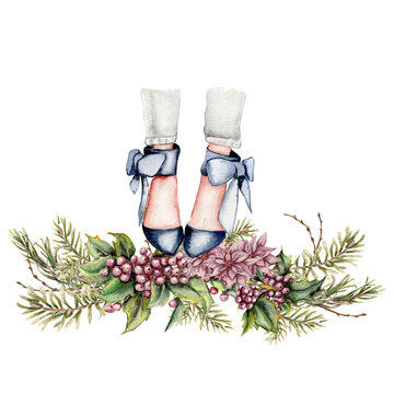 Christmas composition of watercolor fashion legs on high heels illustration. Fashion and style, clothing and accessories. Footwear. Perfect for greetings cards, invitation, poster, party decoration.