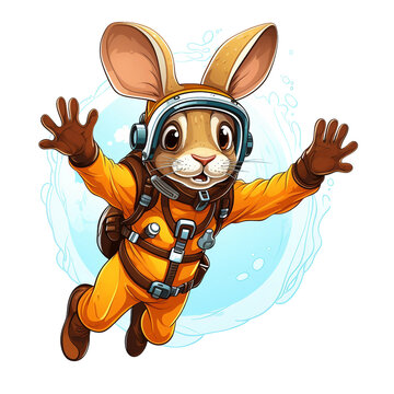 Hare diver style image, bright saturated image, clipart on white background