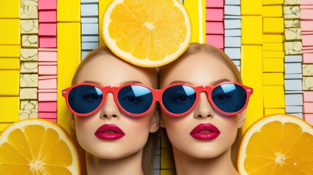 abstract composition of fruits and couple in sunglasses on a bright yellow background - Powered by Adobe
