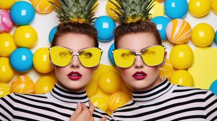 abstract composition of fruits and couple in sunglasses on a bright yellow background