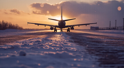 the runway with plane in the winter