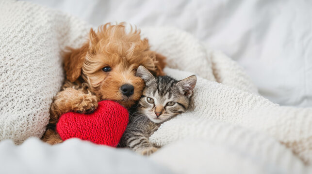 This cute scene features a small dog and kitten cozily laying on a blanket. Suitable for pet-themed designs, pet products, children's illustrations, and animal welfare promotions.