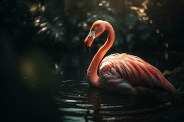 A close up of a beautiful flamingo, surrounded by a shallow lake and lush greenery, with a dramatic sky in the background. generative ai