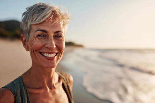Smiling mature woman at the beach, happy, joyful, enjoying sunny weather near the ocean, natural and relaxed lifestyle