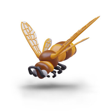 Colorful 3D hornet flies down. Dangerous stinging insect. Flying tiny predator in attacking position. Vector figure. Bee killer on white background with shadow