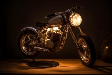 table lamp made out of motorbike spare parts on a dark background - obrazy, fototapety, plakaty