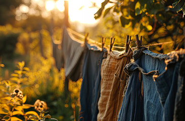 Fototapeta na wymiar few hanging clothes jeans from a line in a garden, scarecrow in the field, Wet clothes hanging on clothesline in field