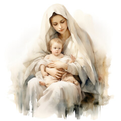 A watercolor illustration of Jesus, angel and child