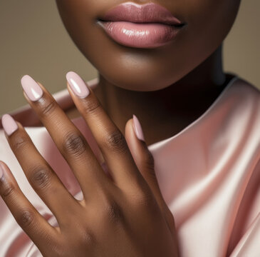 Young beauty african american woman with a perfect manicure, stylish pink nail polish on her lips, pensive poses.