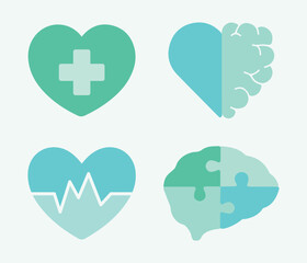 Mental Health, heart, heartbeat. Medicine, brain, healthy, well-being, emotions, mind. Medical, medicinal, hospital. Treatment, cure, therapy. Intelligence, education. Vector icon set