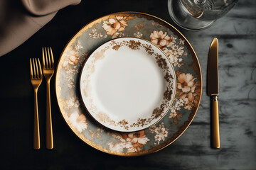 Chic table setting with two plates, two forks, and a knife. Top view of fancy tableware on a table covered with blue tablecloth. AI-generated