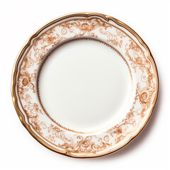Chic empty plate top view mock-up. Porcelain dish with gold decor isolated on white. AI-generated