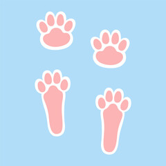 Bunny paws stickers for Easter celebration. Rabbit footprints silhouette in pink and white colours. Prints template for kids. Animal theme. Vector illustration isolated on blue background.