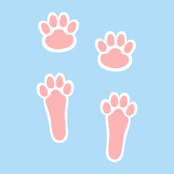 Bunny paws stickers for Easter celebration. Rabbit footprints silhouette in pink and white colours. Prints template for kids. Animal theme. Vector illustration isolated on blue background.