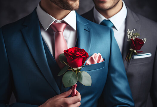 A married couple of men with a red rose