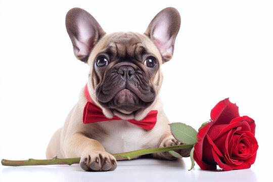 A pug with a red rose and a red bow tie on a white background