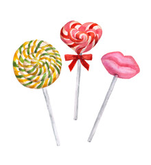 Haned painted watercolor illustration of colorful  lollipops ,lollipop with sprinkles, bonbon, candies, watercolor illustration	