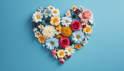Beautiful flowers form a heart on a blue background