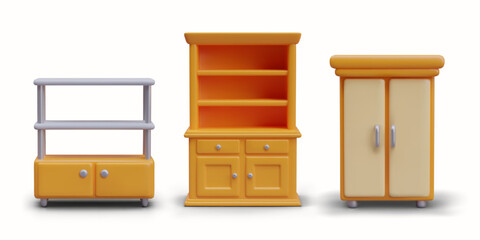 Set of cabinets of different types. Shelf, bookcase, wardrobe. Illustrations for furniture store. Decor for storing books, clothes, linen. Isolated templates