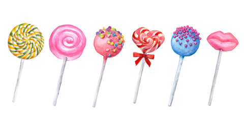 Haned painted watercolor illustration of colorful  lollipops ,lollipop with sprinkles, bonbon, candies, watercolor illustration	