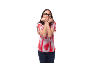 portrait of a young well-groomed european woman with straight black hair in glasses on a white background with copy space