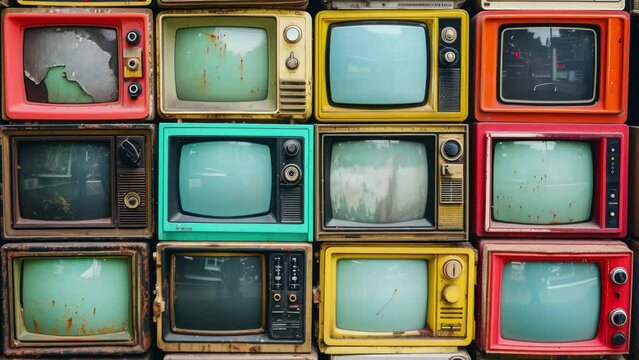 tv wall made from collection of retro and vintage tvs