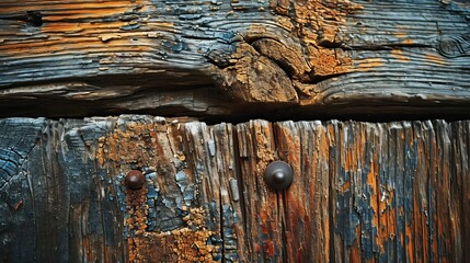 Detailed Texture of Aged Wooden Surface with Rusty Nails, Weathered Wood Grains and Cracks for Background