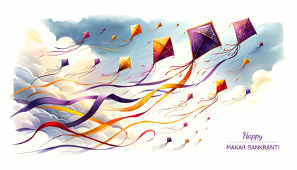 Watercolor flying kites. - obrazy, fototapety, plakaty