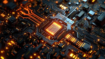 Close-up of Glowing Circuit Board with Orange Lights and Microchips - Technology Texture Background