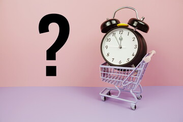 Question mark and alarm clock on yellow and purple background