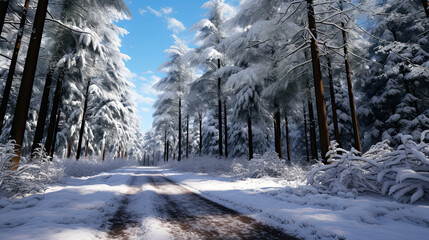 Peaceful winter drive road, trees heavy with snow, clear blue skies