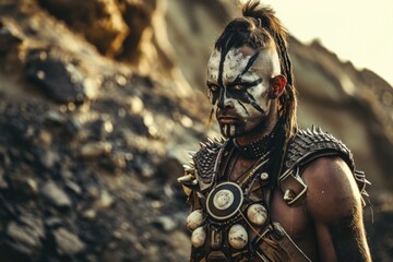 Neo-tribal warrior male model in futuristic tribal paint and attire, in a dystopian wilderness