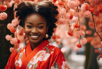 Smiling black skin woman in traditional kimono - obrazy, fototapety, plakaty