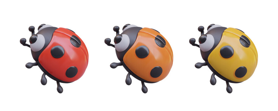 Ladybug climbs up. Set of beetles of different colors. Insects with red, orange, yellow wings. Cute vector characters. Ladybug species, types. Isolated objects for funny web design