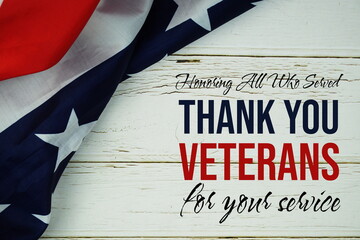 Thank You for Your Service  text message with USA flag on wooden background