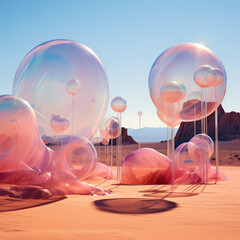 Surreal desert landscape with giant soap bubbles drifting in the air.