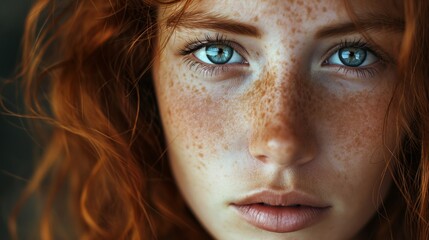 Intense Beauty: Close-Up Portrait with Piercing Blue Eyes and Natural Freckles