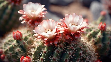 Vibrant blooming cactus with soft white flowers, natural desert background